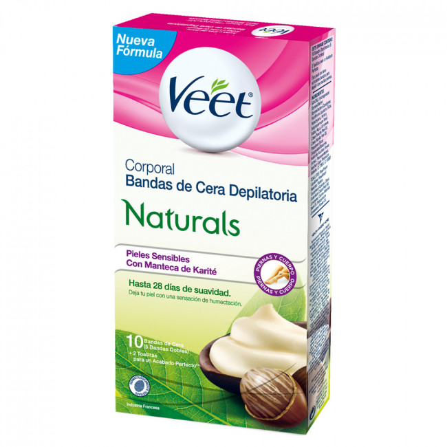 Veet Naturals banda para depilación corporal piel sensible y seca x 10 unidades.