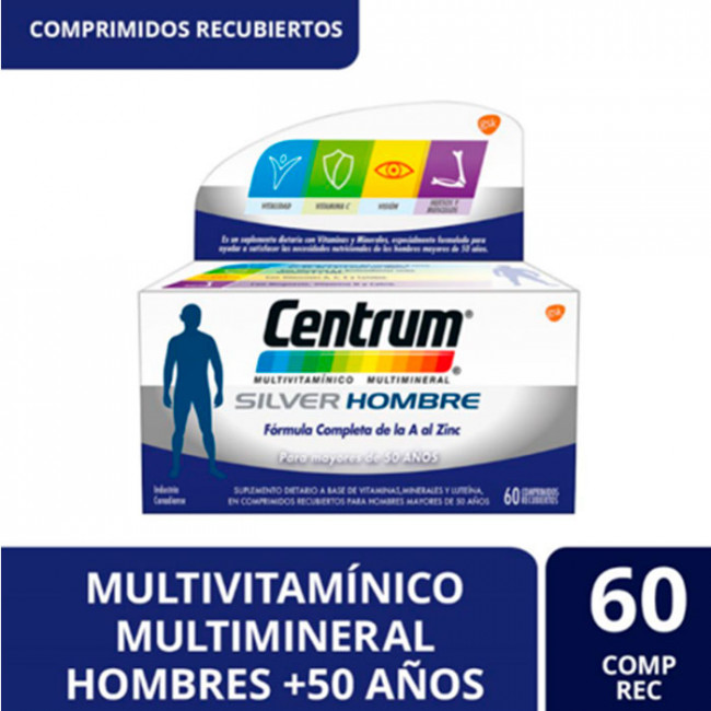 Centrum multivitamínico silver hombre, recomendado para mayores de 50 años  x 60 comprimidos.