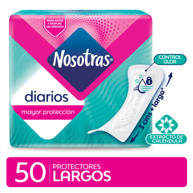 Nosotras protectores diarios largos con extracto de caléndula x 50 unidades.