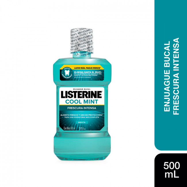 Listerine enjuague bucal cool mint frescura intensa x500ml.