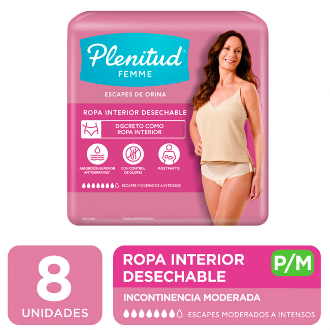 Plenitud femme ropa interior tamaño pequeño / mediano para incontinencia moderada x 8 unidades.