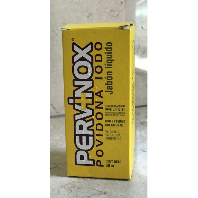 Pervinox jabón líquido,  antiséptico y desinfectante, recomendado para tratar heridas en la piel...