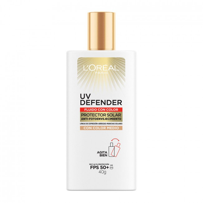 loreal uv defender proteccion solar fluido con color fps 50+ con acido hialurónico tono medio x...