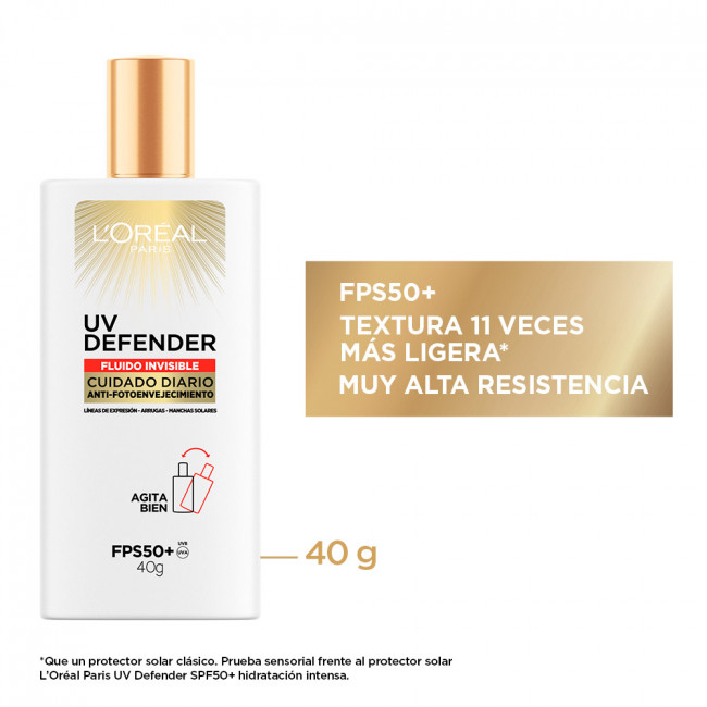 loreal uv defender proteccion solar fluido fps 50+ con acido hialurónico sin color x  40ml.