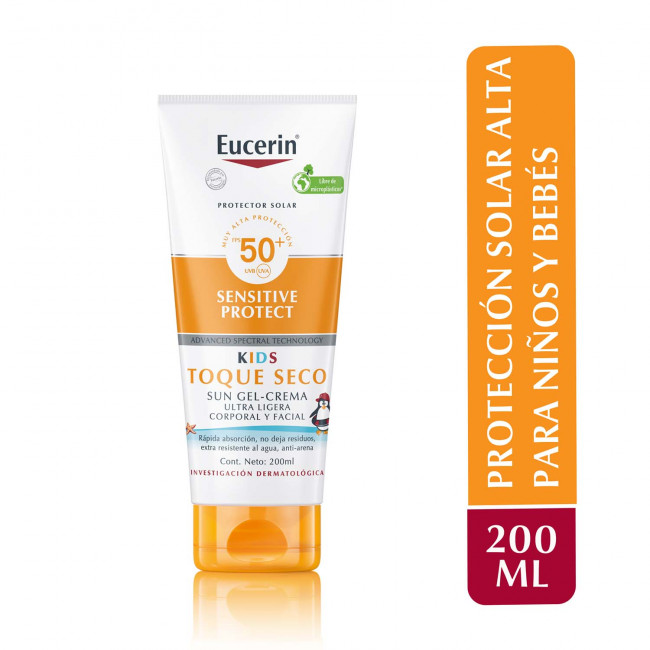 Eucerin Toque Seco protector solar factor 50 loción para niños, tecnología antimanchas tras el...