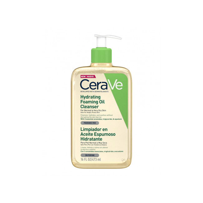 Cerave limpiador en aceite espumoso, limpia e hidrata la piel sin dejar sensación grasa x 473 ml.