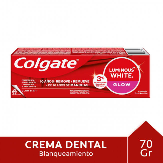 Colgate luminous white glow mint, pasta dental blanqueadora, remueve las manchas profundas x 70 grs.