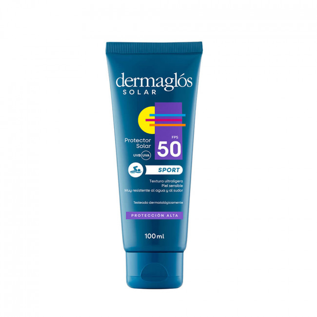 Dermaglós protector solar factor 50 Sport, textura ultraligera, muy resistente al agua y al sudor...