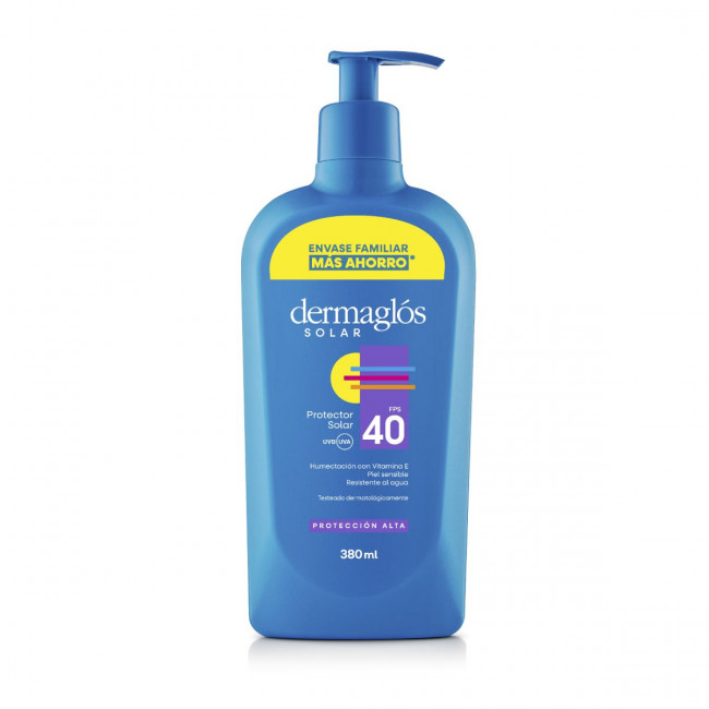 Dermaglós protector solar factor 40, envase familiar más ahorro, resistente al agua x 380 ml.