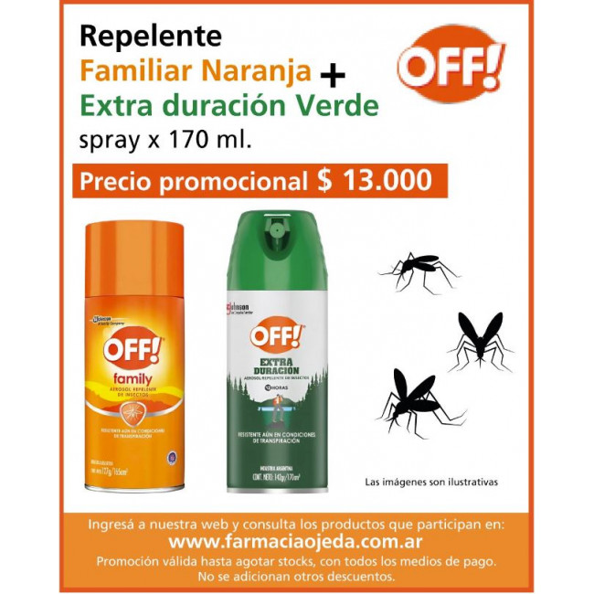 Off repelente familiar naranja + Extra duración verde spray x 170 ml.