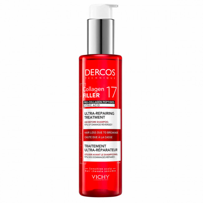 Vichy Dercos pre shampoo collagen filler, reduce hasta un 73% la rotura del cabello x 150 ml.