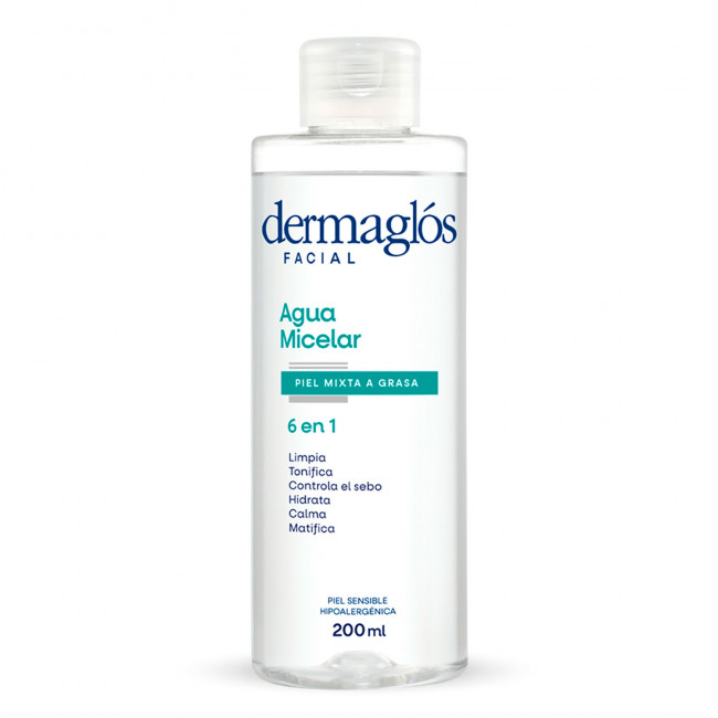 Dermaglós agua micelar su fórmula resuelve la rutina de limpieza para piel mixta a grasa x 200 ml.