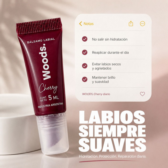 Woods bálsamo labial vegano sabor cherry, hidratación profunda, inmediata y prolongada x 5 ml.