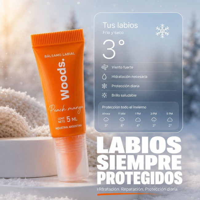 Woods bálsamo labial vegano sabor mango y durazno, hidratación profunda, inmediata y prolongada x...