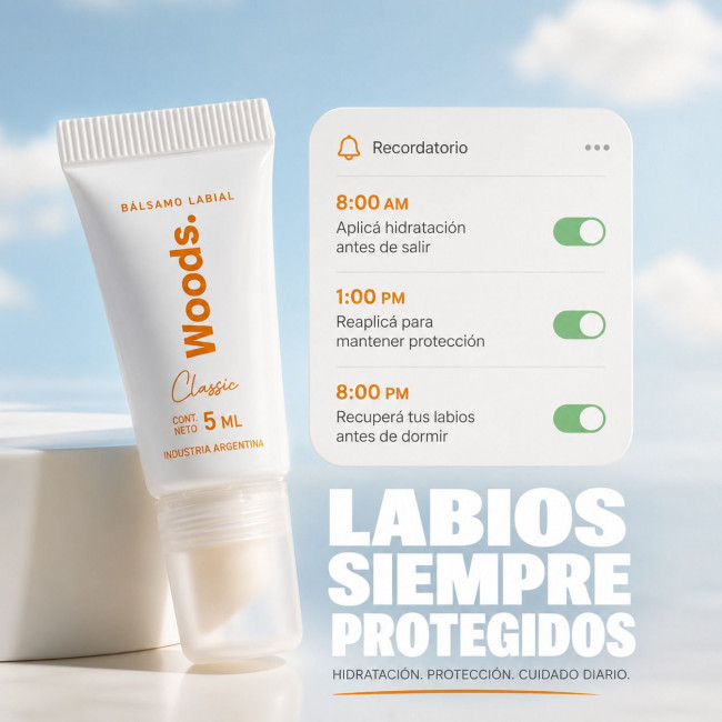 Woods bálsamo labial vegano, hidratación profunda, inmediata y prolongada x 5 ml.