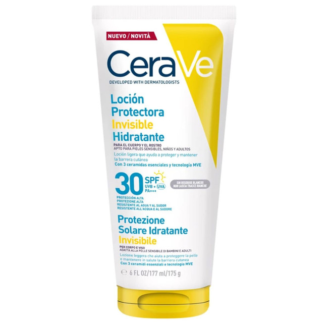 Cerave loción solar invisible hidratante Factor 30 facial y corporal, textura ligera e invisible...