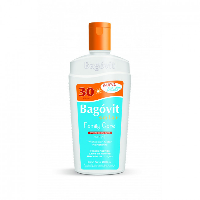 Bagovit protector solar factor 30 emulsión, textura ultra liviana, hipoalergénico y resistente al...