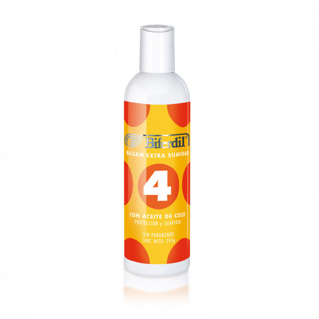 Biferdil bálsamo acondicionador 4 con aceite de coco x 295 ml.