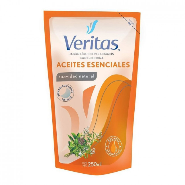 Veritas jabón líquido aceite esenciales  suavidad natural repuesto x 250 ml.