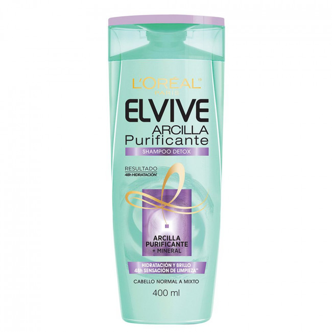 Elvive shampoo arcilla purificante, hidrata, suaviza y da brillo para cabellos normal  x 400 ml.