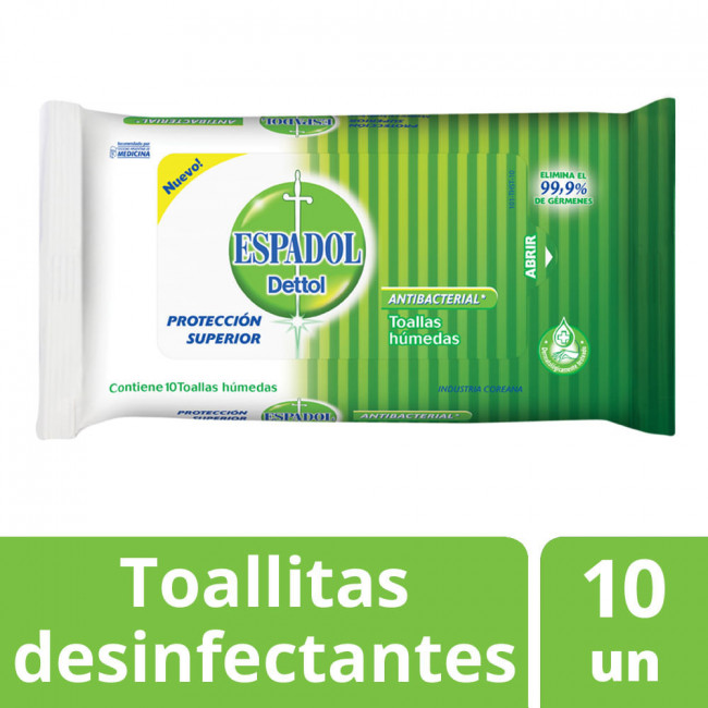 Espadol toallitas desinfectantes antibacteriales x 10 unidades.