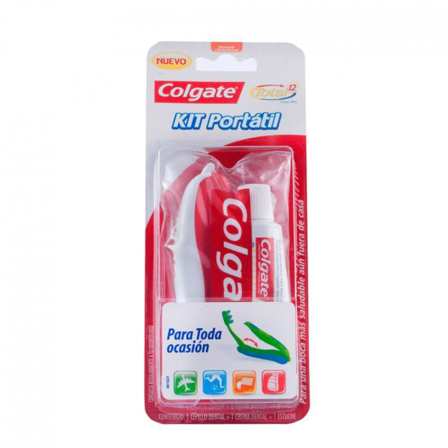 Colgate kit portable ideal para viajes o cartera, cepillo + pasta dental total 12 x 30 grs.