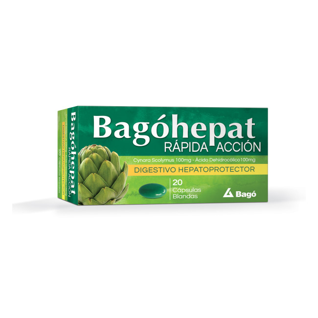 Bagohepat digestivo y protector hepático, rápida acción en cápsulas blandas x 20.