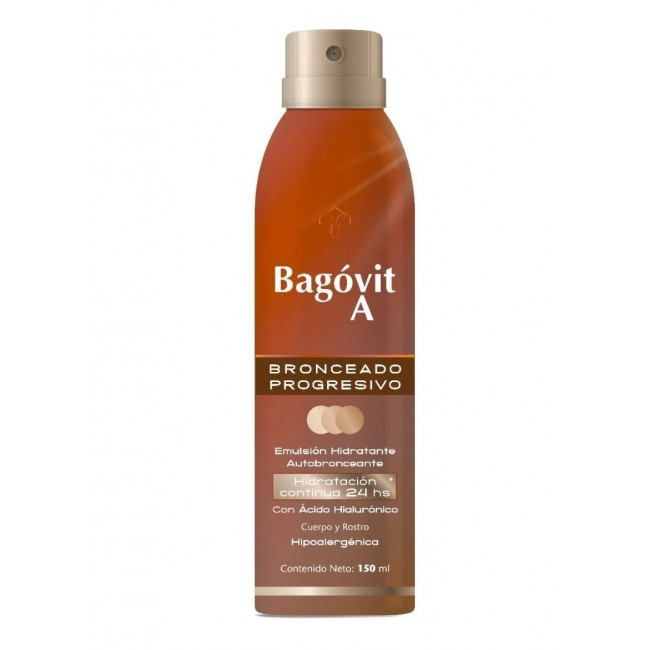 Bagovit autobronceante spray, aplicar en la piel limpia y seca, repita la aplicación hasta lograr...