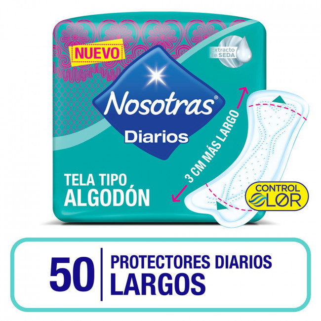 Nosotras protectores diarios largos, con aloe vera, control de olor y ajuste seguro x 50 unidades.