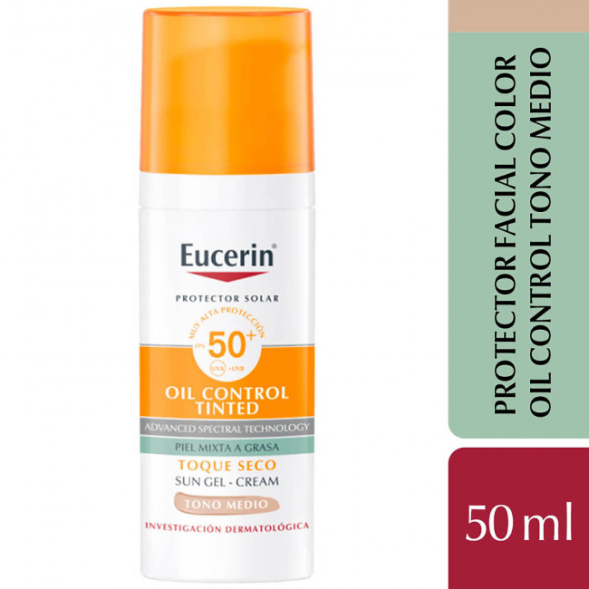 Eucerin solar factor 50 gel toque seco con color medio x 50 ml.