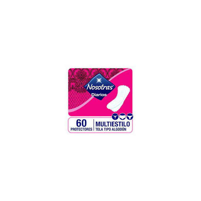 Nosotras protectores diarios multiforma, con aloe vera y ajuste a la ropa interior x 60 unidades.