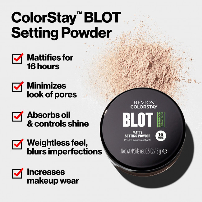 Revlon maquillaje colorstay blot setting, polvo traslucido matificante.