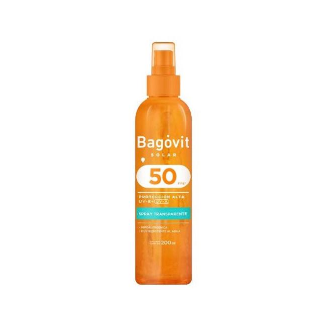 Bagovit protector solar factor 50 spray transparente, de textura liviana, fácil aplicación x 200 ml.