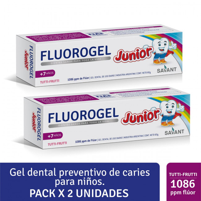 Fluorogel junior pasta dental para niños + de 7 años, sabor tutti frutti 2x1.